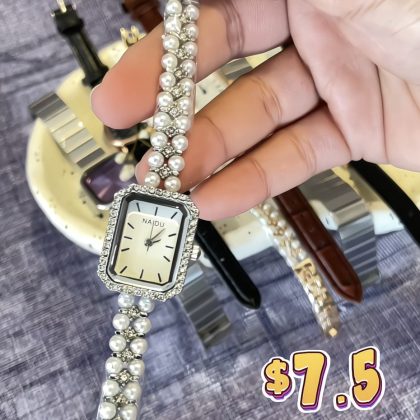 Pearl strap watch-silver