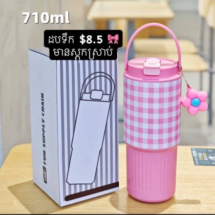 Gingham Pink Tumblr with Handle